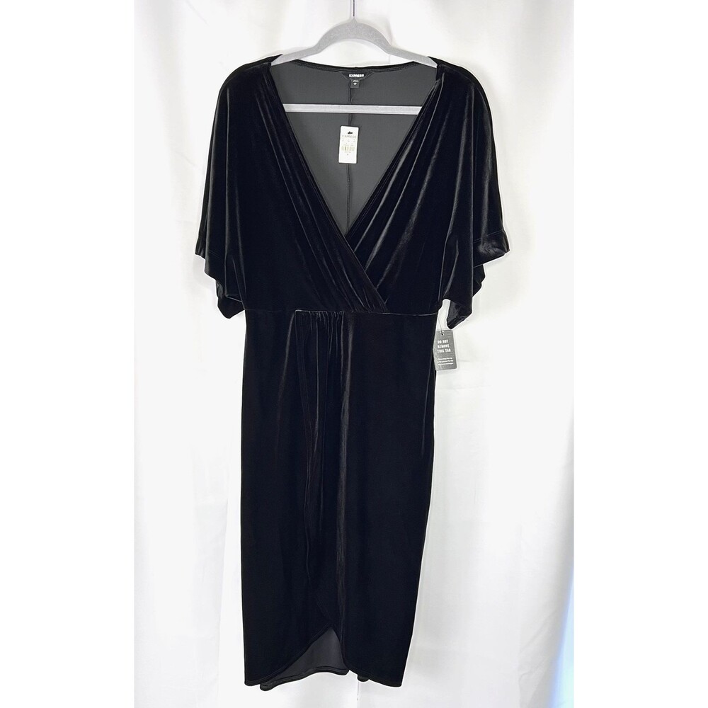 New Express Velvet Disco Party Midi Babydoll Dress Open V-Neck Medium Black NWT